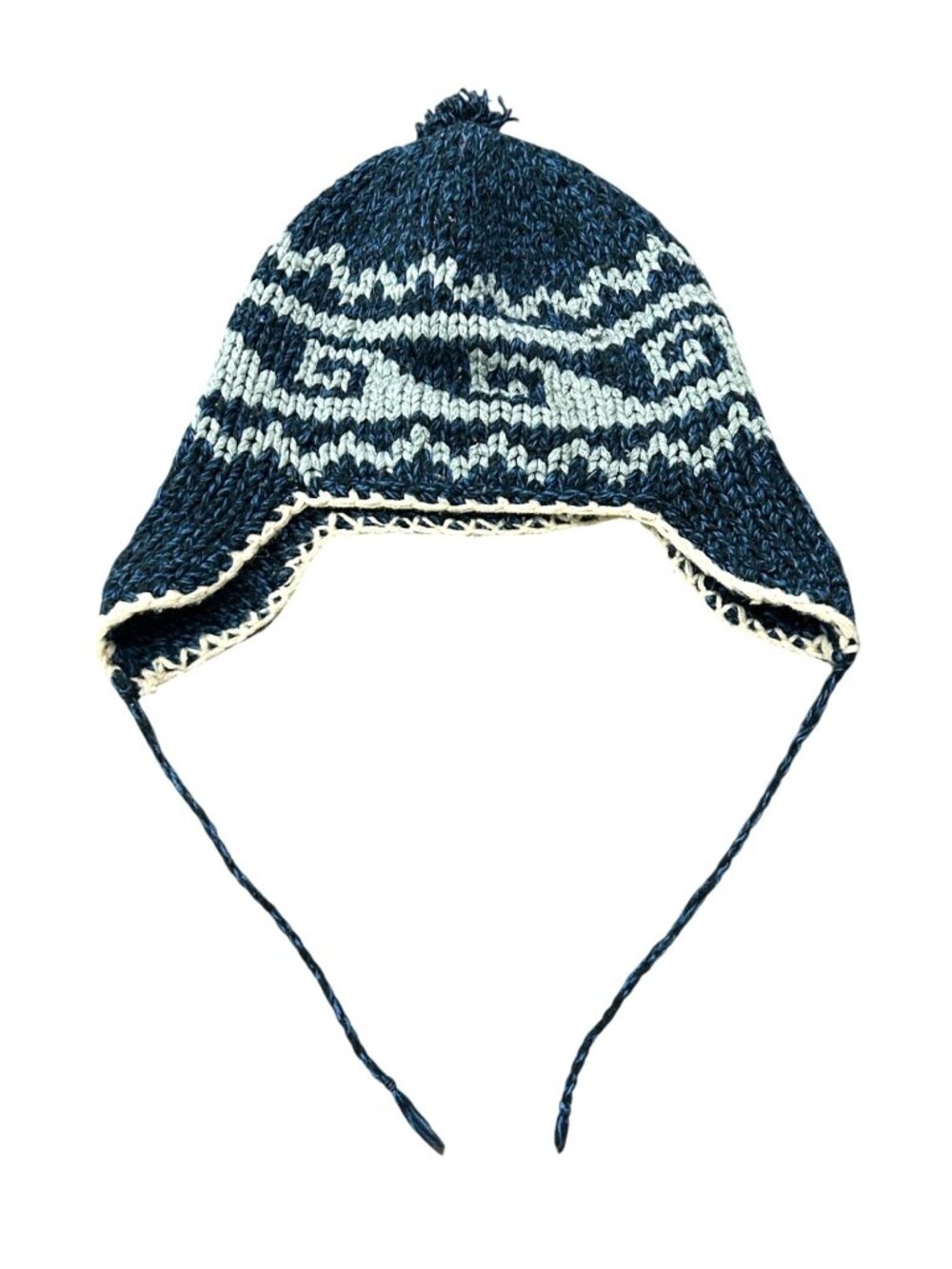 Hand-Knit One Size Blue Gray Earflap Geometric Tassel Winter Hat Cozycore Hygge